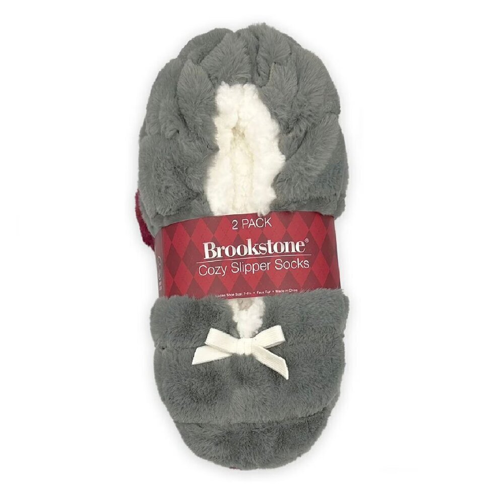 Brookstone Women's Soft and Cozy Slipper Socks with Anti-Slip Grip Burgandy/Grey